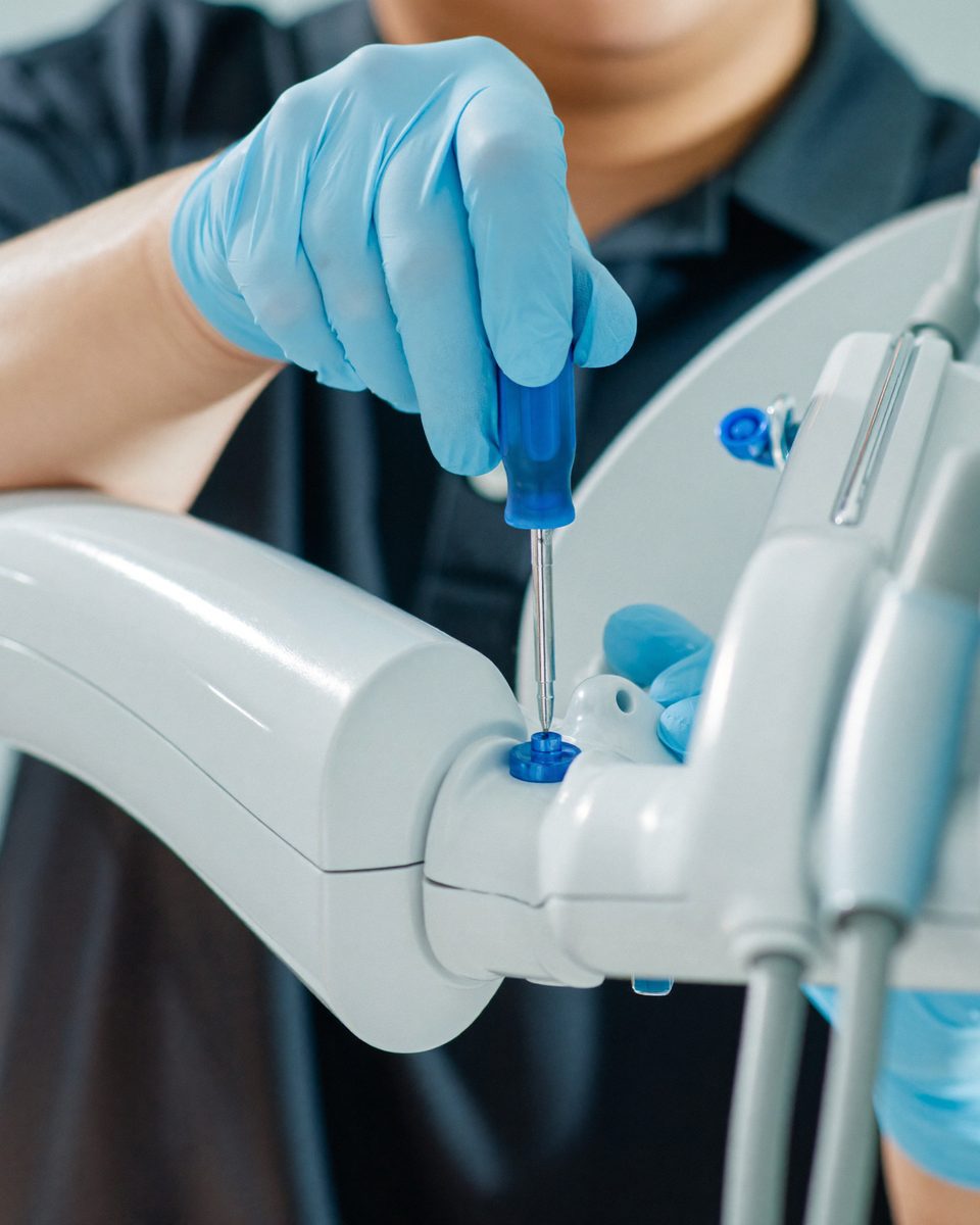Técnico da Alfaodôntica ajustando o braço de um equipamento odontológico com chave de precisão